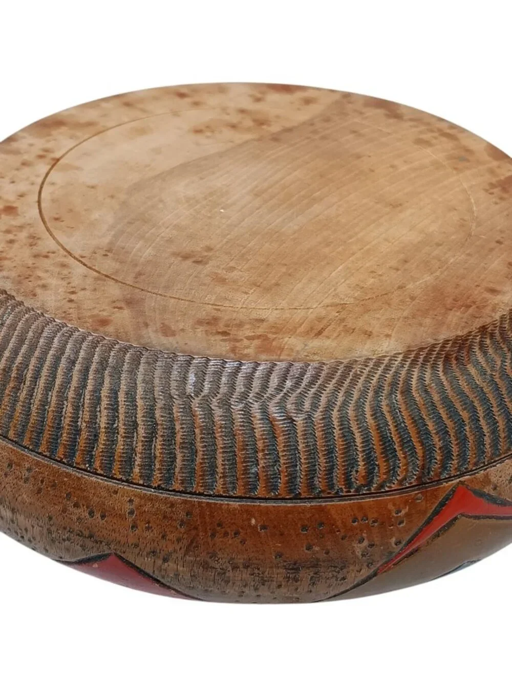 Primitive Ethnic Hand Carved Hand Painted Wooden Bowl Geometric Triangular 6.5